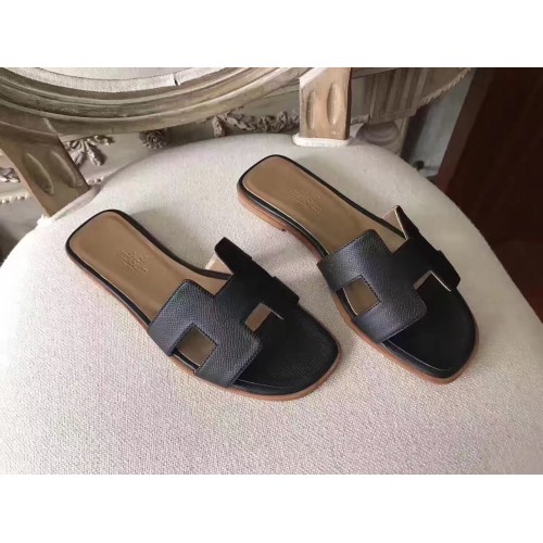 Hermes Oran Sandals In Black Epsom Leather