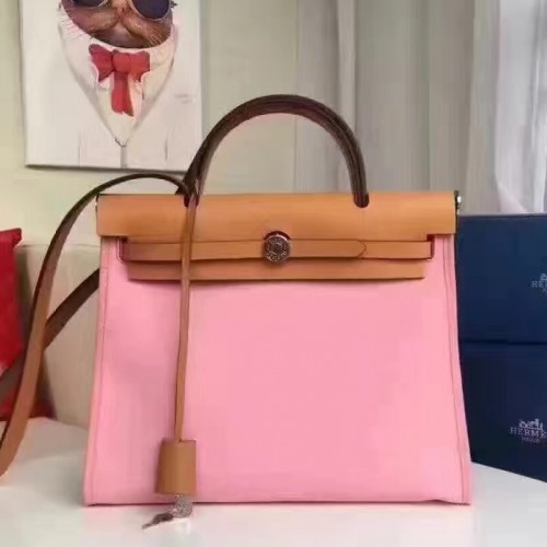 Hermes Pink Canvas and Natural Calfskin Leather Herbag Zip PM Bag