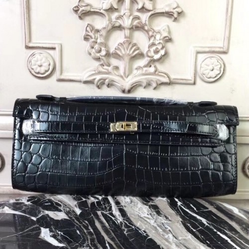 Hermès Kelly cut crocodile Black Exotic leather ref.52616 - Joli