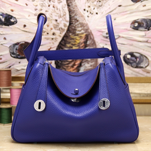 Hermes 45cm Electric Blue/Graphite Clemence Leather Large Double