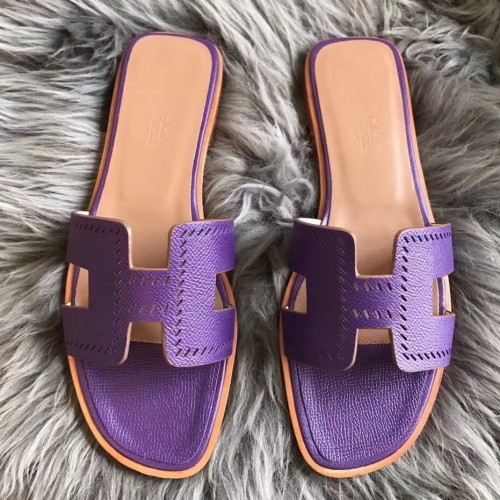 Replica Hermes Oran Sandals In Purple Ostrich Leather