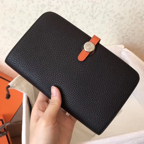 Replica Hermes Dogon Duo Wallet In Black Clemence Leather
