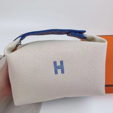 Hermes Bride-a-Brac Large Case in Ecru Canvas with Blue Zigzag Motifs