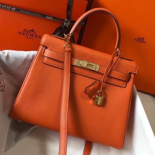 Replica Hermes Kelly 20cm Bag In Orange Clemence Leather GHW